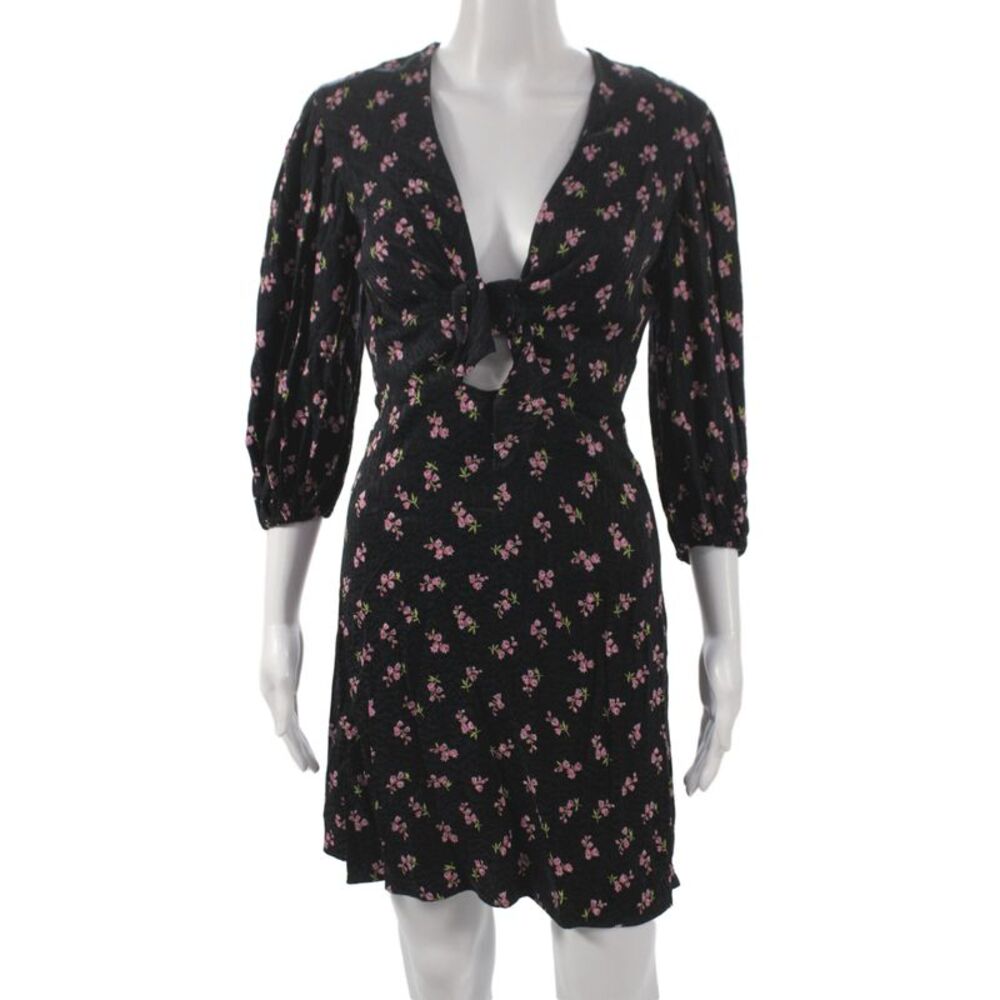 Maje Womens Mini Floral V-Neck Knee Length 3/4 Sleeve Black Dress Size 34